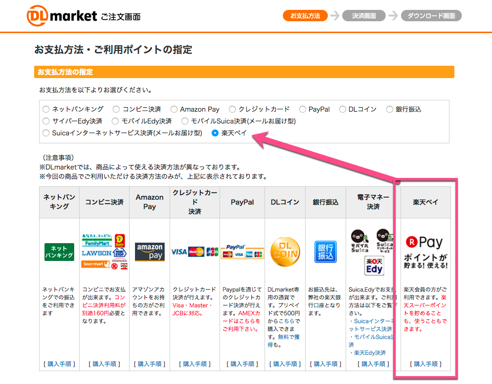 DLmarketを楽天で支払い